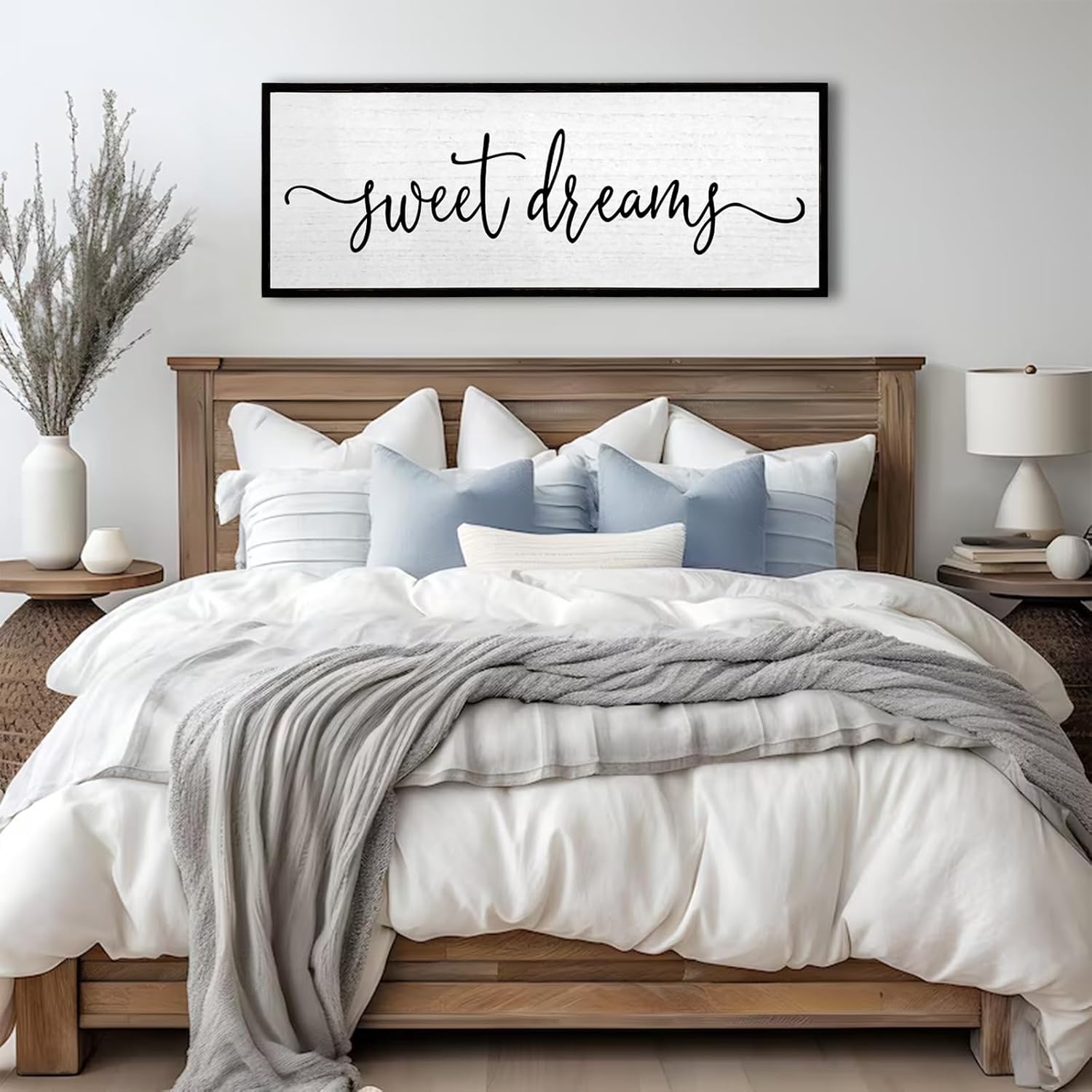 Sweet Dreams Wall Decor Above Bed Sign 32''×12'' Large Wood Framed Master Bedroom Guest Room Sweet Dreams Signs Farmhouse Rustic Wall Art Decoration (Black) 32''×12'' Black