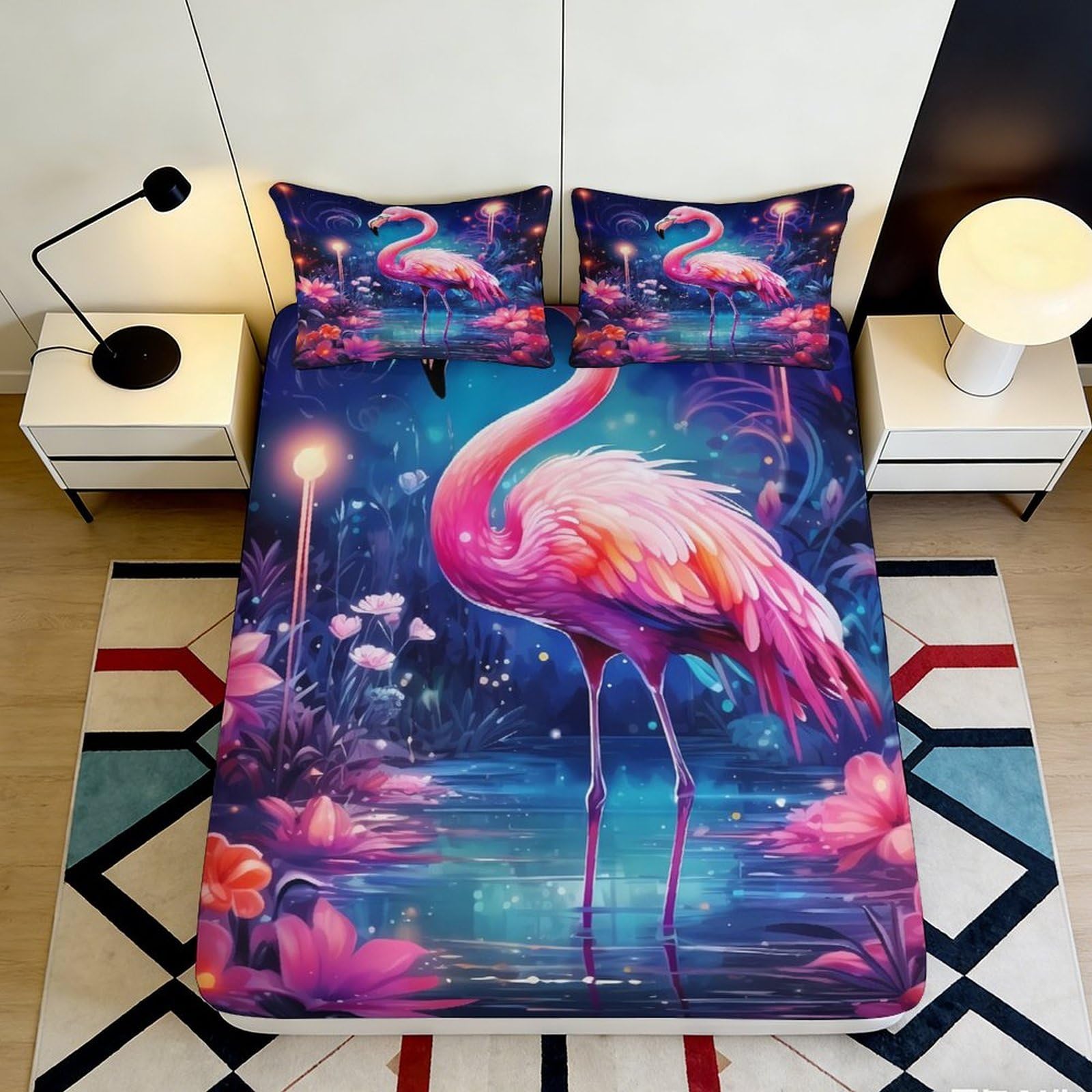 Dhbaneiok Style-2 3D Printed Flamingo Lake Fitted Sheet Microfiber Pink Blue Mattress Cover For Bedroom Guestroom Easy Care Decor 90X200x25cm