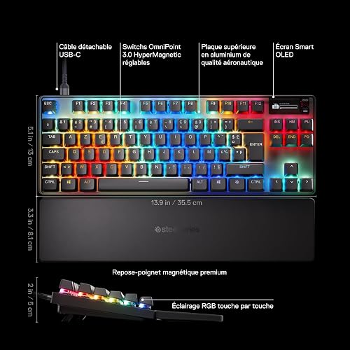 SteelSeries Apex Pro TKL Gen 3 - Clavier Gaming-HyperMagnetic - OmniPoint 3.0 - Actionnement Ajustable - Déclenchement Rapide-Préréglages prêts à Jouer - Toucher Rapide/SOCD - OLED -FR Layout AZERTY - 3