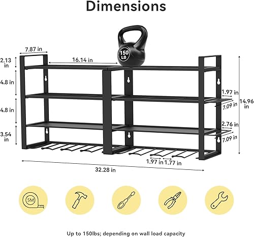 Miniatura 2 de Organizador de herramientas eléctricas, 4 capas de montaje en pared, estante de almacenamiento de herramientas de garaje, 8 soportes de taladro de