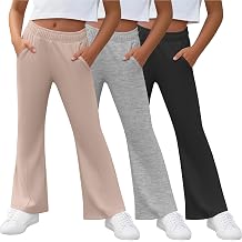 3 Pack Girls' Flare Sweatpants Elastic Waist Bell Bottom Pants Bootcut Casual Trousers with Pockets for 5-14Y Kids