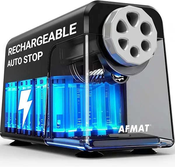 AFMAT 6-Hole Electric Pencil Sharpener, Heavy Duty Classroom Pencil Sharpeners for 6-11mm Pencils, Auto Stop & Super Fast, Battery Powered, Rechargeable, 10,000+ Sharpenings, Model: PSD1 (Black)