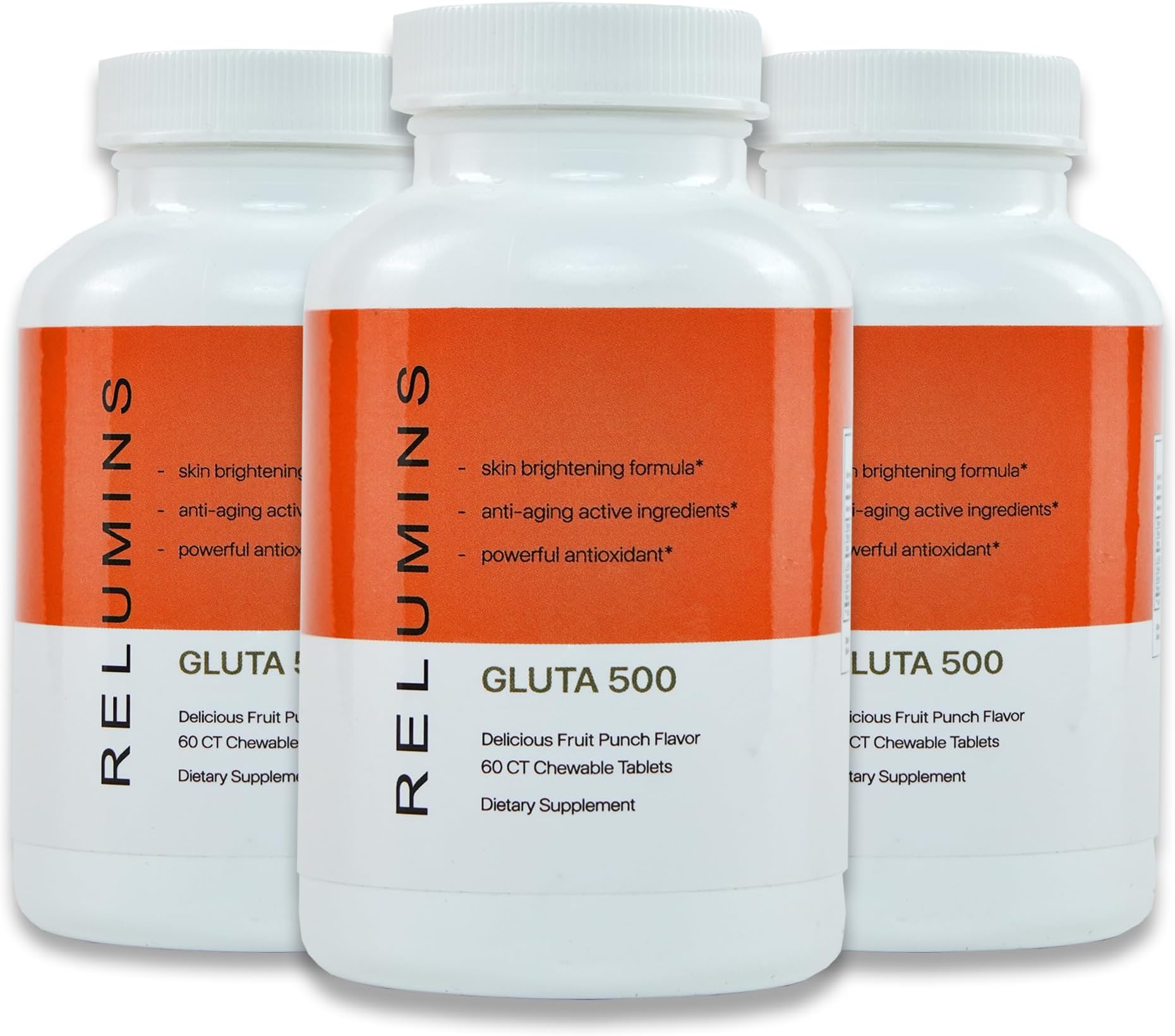 Relumins Spring Glow Essentials Gluta 500 Chewable Tablets with Glutathione, Hyaluronic Acid, Vitamin C, Biotin & Collagen – Supports Skin Tone & Glow – Made in USA – 60 Tablets x 3 Bottles