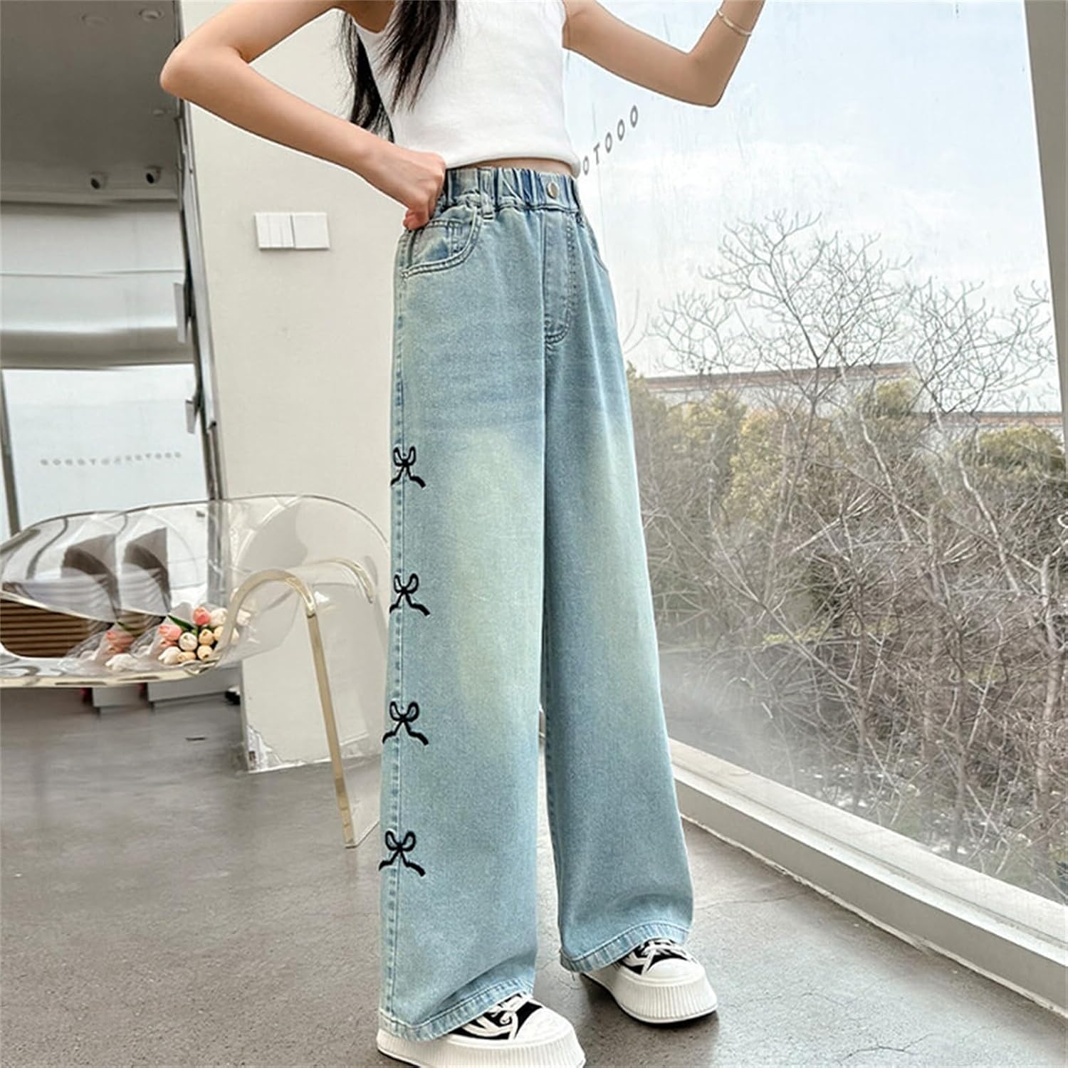 Girls Vintage High Waisted Jeans Embroidered Bow Denim Pants Distressed Elastic Waist Baggy Jeans Trendy Denim Pants