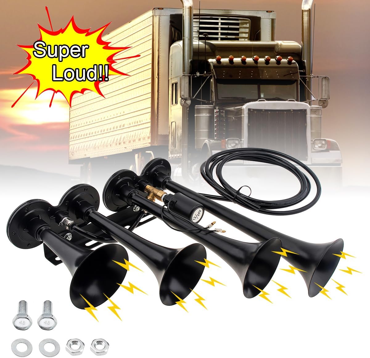Truck Air Horn 12V/24V 185dB Super Loud Four Trumpet Air Horns Train Horn for Trucks with Electric Solenoid Universal for Truck Car Pickup SUV Train Boat