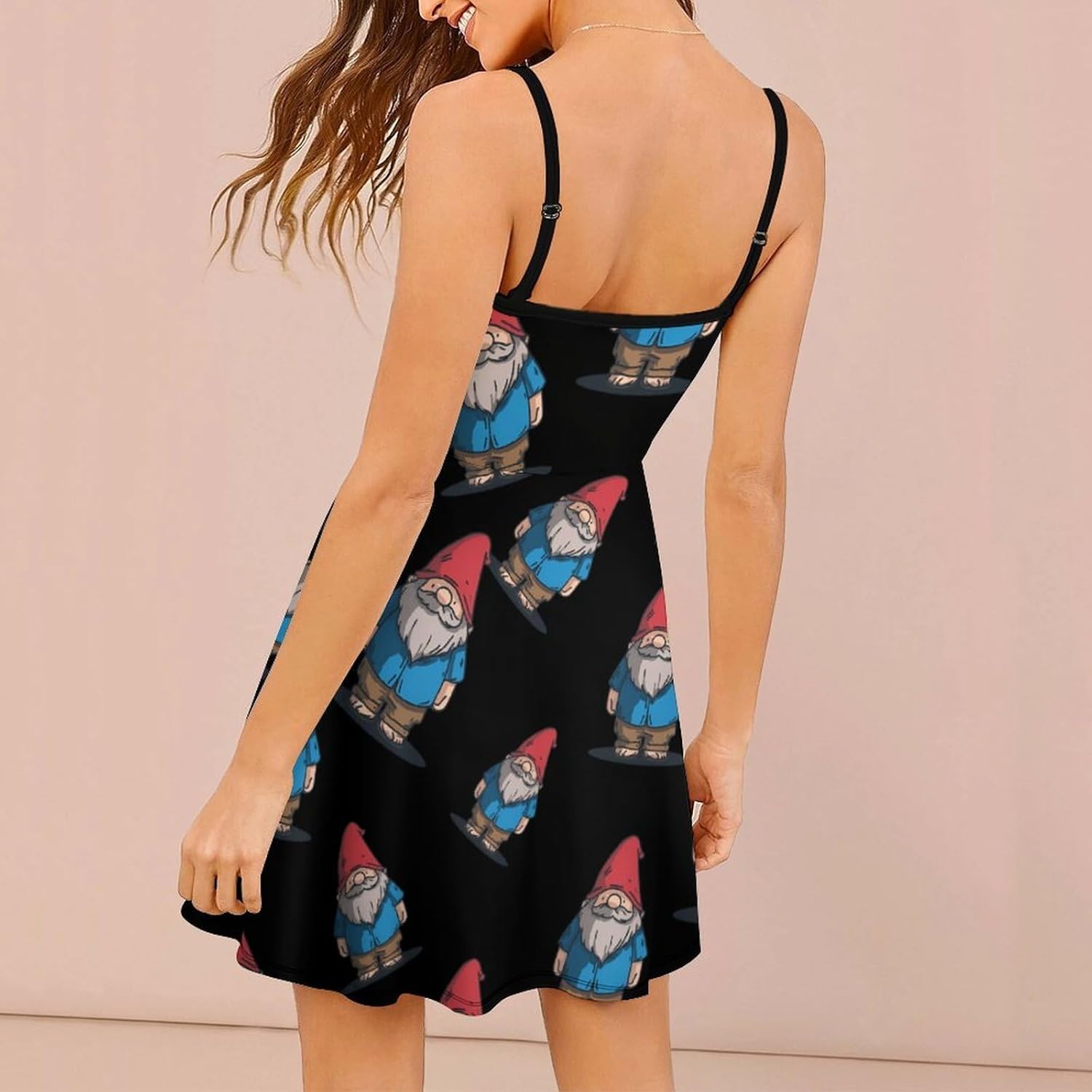 Gnome Short Cami Dress for Women Adjustable Spaghetti Strap Flowy Sundress Beach Vacation