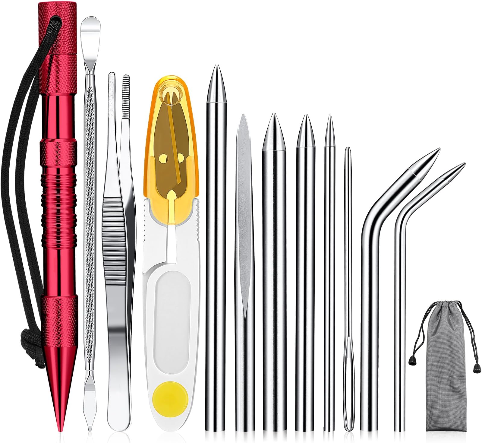 Ferraycle 12 Pcs Paracord FID Set Stainless Steel Knotter Tools Marlinspike Set Paracord Stitching Lacing Stitching Needles and Smoothing Tool Knotter Tools for Leather or Paracord Work (Red)