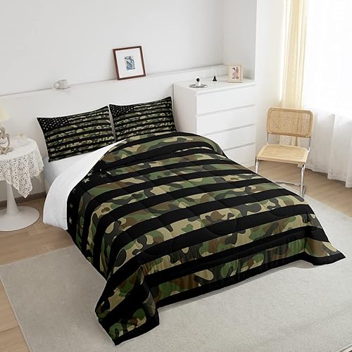 Miniatura 4 de Feelyou Juego de edredón de camuflaje del ejército con bandera estadounidense, decoración militar, camuflaje verde selva, bandera de Estados Unidos,