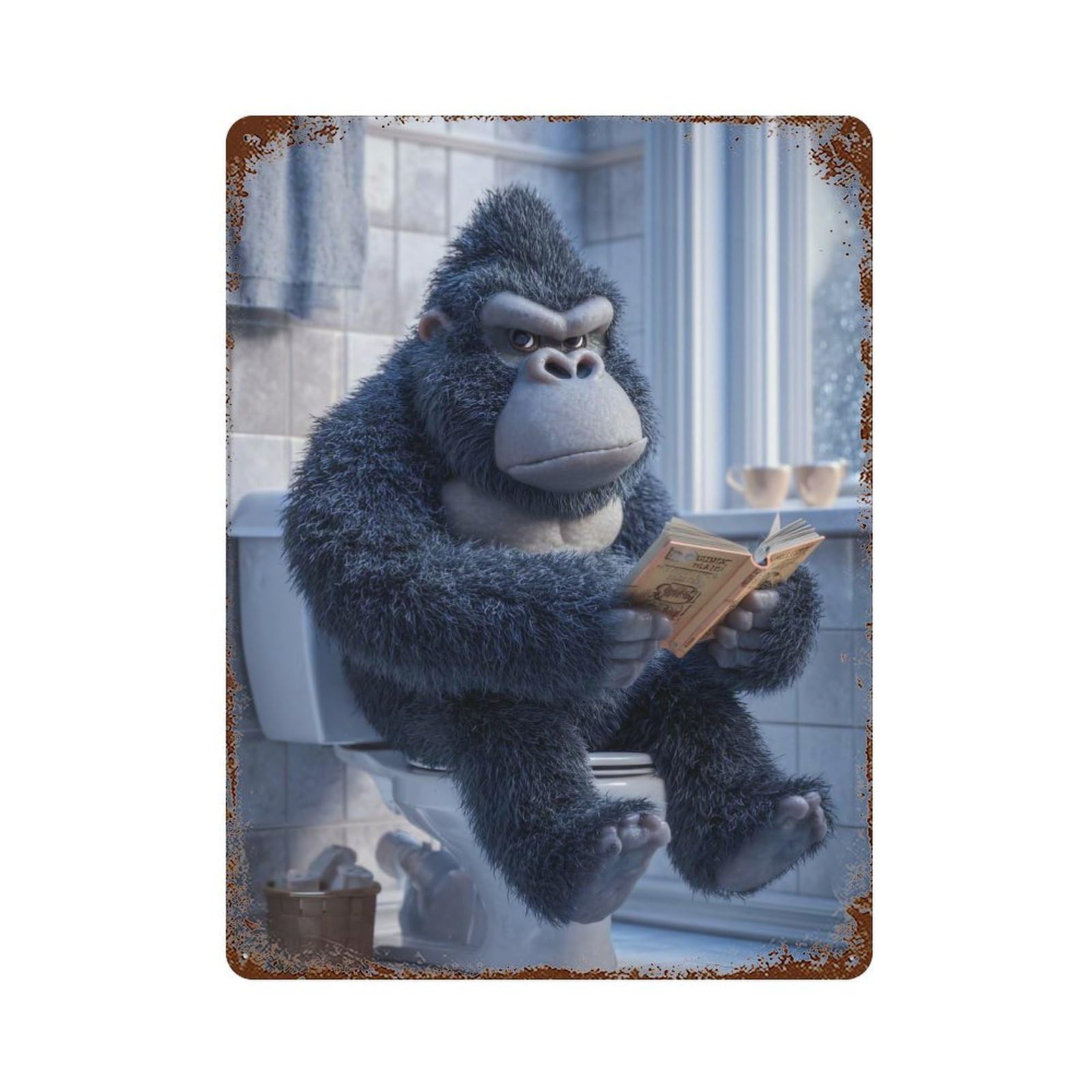 Weathered Tin Sign Gorilla Reading on Toilet 15.7"x11.8", Rustic Home Decor for Bistro, Counter And Cafe Decor