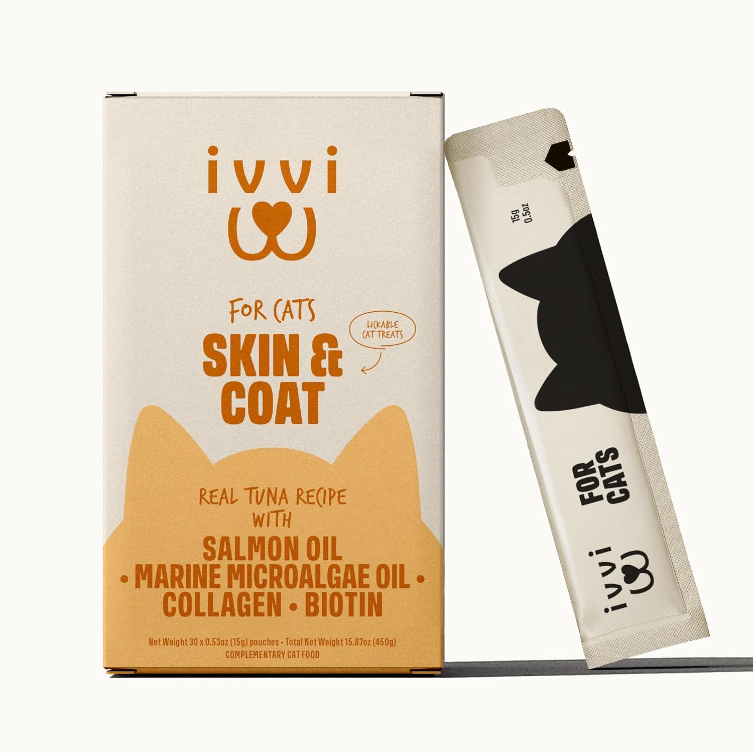 ivvi Skin & Coat for Cats – Functional Creamy Snack with Salmon Oil, Algae Oil, Zinc, Collagen & Biotin