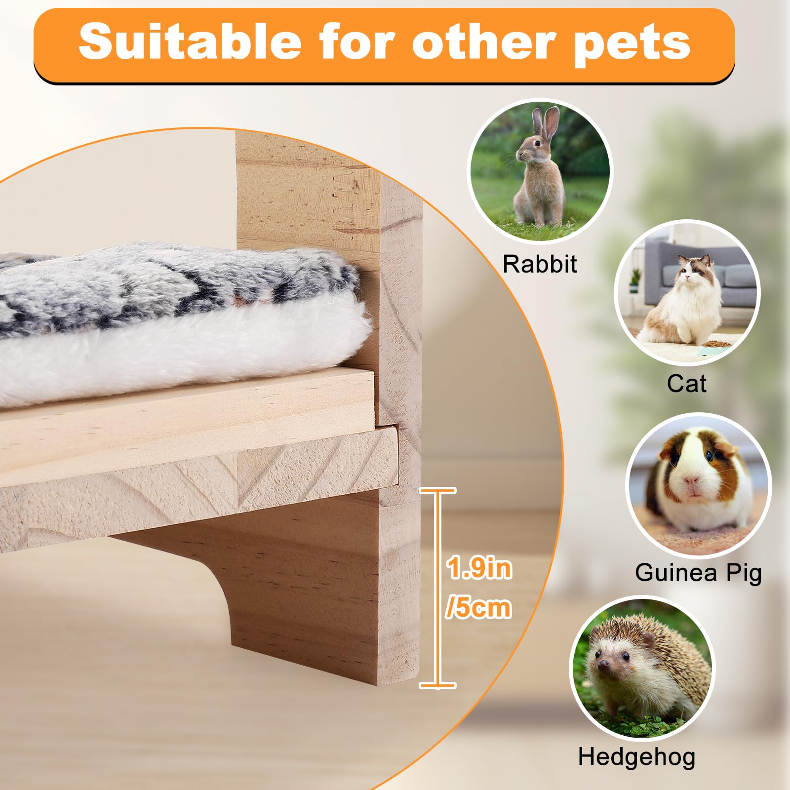 Cama grande de madera para conejos, fácil de montar, cama para mascotas de 20.4 x 12.8 pulgadas con estructura de soporte y cojín extraíble para conejos, cobayas, gatitos y animales pequeños
