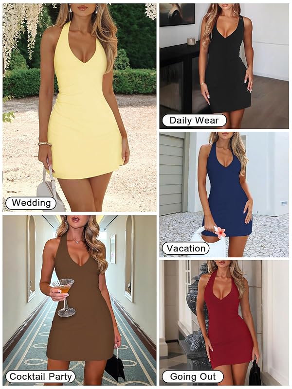 Pungdra Women's Sexy Halter V Neck Mini Dress for Women Summer Slim Fit Going Out Club Party Bodycon Short Dresses Yellow Small by Pungdra - Used condition - Image 6