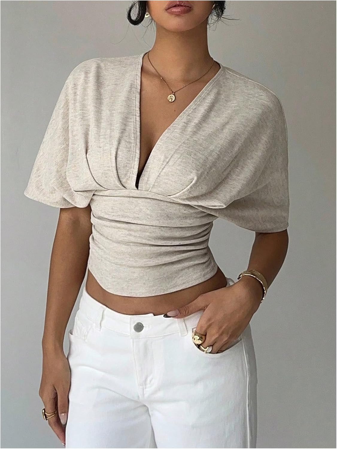 MakeMeChic Women's Crop Tops Deep V Neck Fitted Going Out Tops Y2k Short Sleeve T Shirt - Image 5