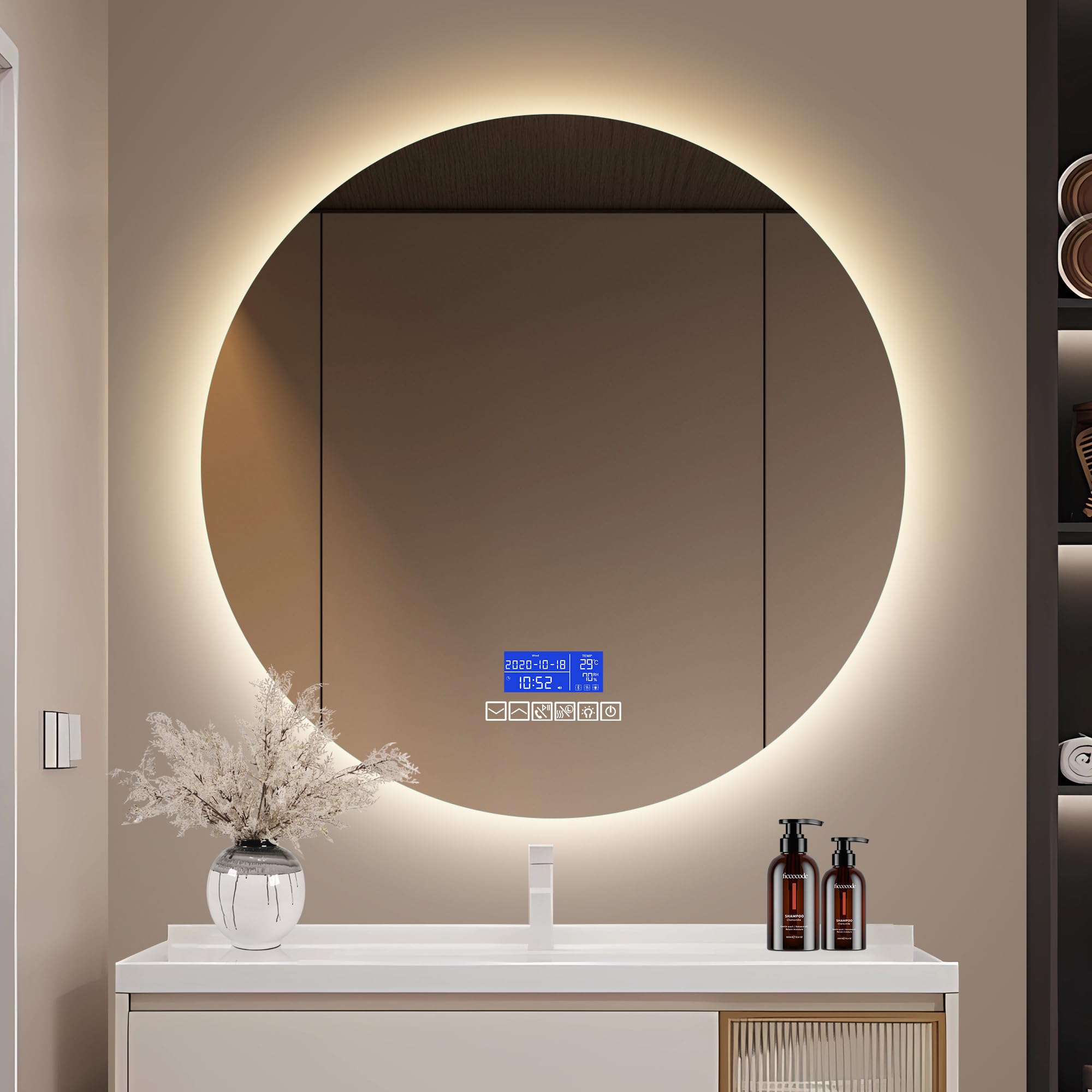 LLODERY Espejo de baño LED redondo, espejo de baño con audio Bluetooth e indicador de temperatura, interruptor táctil, 3 colores de luz ajustables, con función antivaho, espejo de pared gris (80 cm)