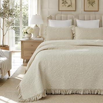 Brandream Luxury Cotton Quilt Set King Size Beige Floral Vine Stitching Ruffled Edge Bedspread Heirloom Quilt Set 3-Piece
