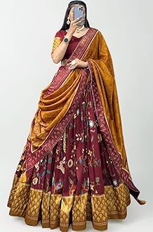 Woman's perfectly Navratri Collection Tussar Silk Lehenga Choli Patola Print with Foil Work