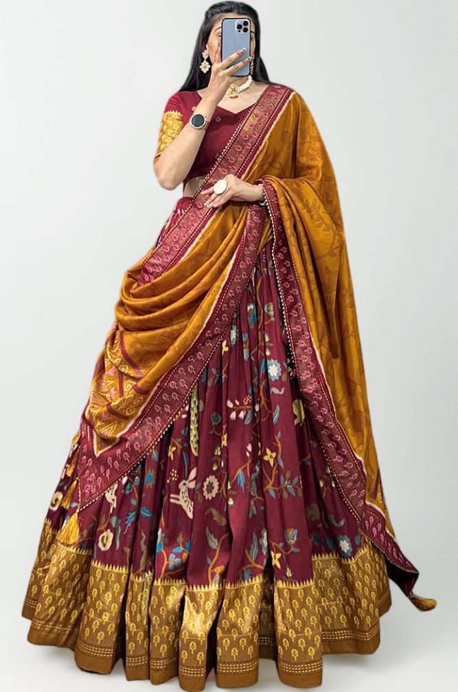 Woman's perfectly Navratri Collection Tussar Silk Lehenga Choli Patola Print with Foil Work