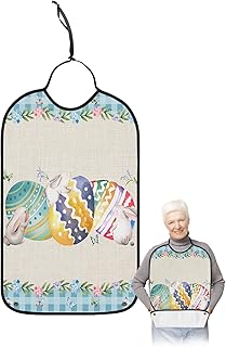 BOBOWUNY Spring Easter Adult Bibs for Elder Women Men Eating, Bunny Colorful Eggs Blue Plaid Waterproof & Washable Bibs for Eating Clothing Protector Dining Bibs for Crumb Catcher