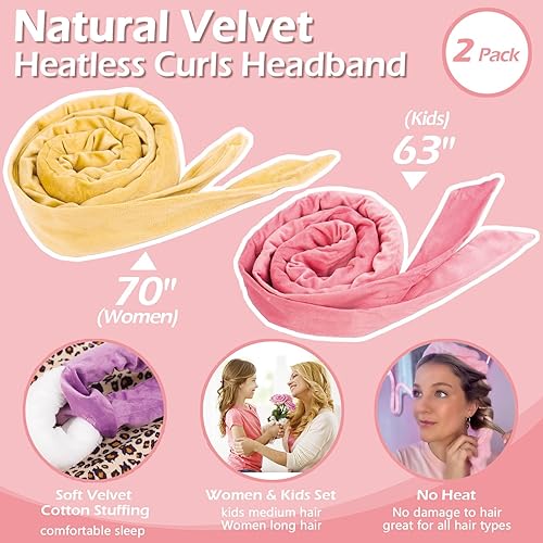 Miniatura 2 de Cintillo para rizos sin calor durante la noche, rizadores sin calor de 177.8 cm para cabello medio largo, color rosa champán