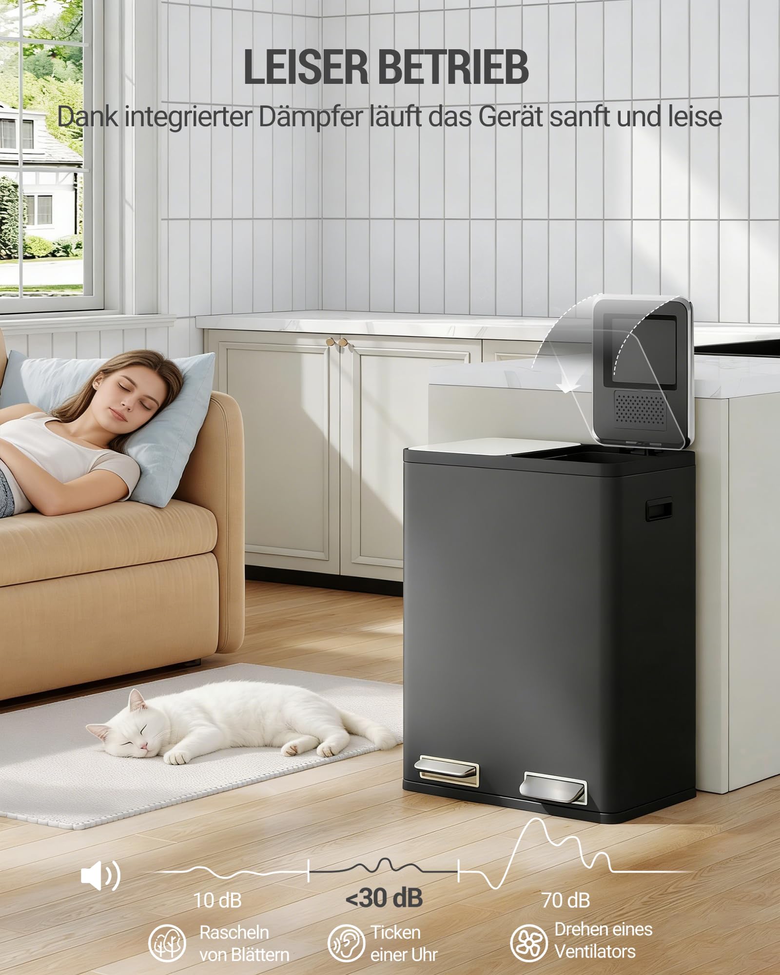 Hzuaneri Mülleimer Küche, Mülltrennsystem 2 Fächer 60L (2 x 30 L), Edelstahl-küchenmülleimer, Tretmülleimer mit Farbcodierbaren Pedalen, Abfalleimer Ruhiger Langsamer Abstieg, Schwarz SW23099B