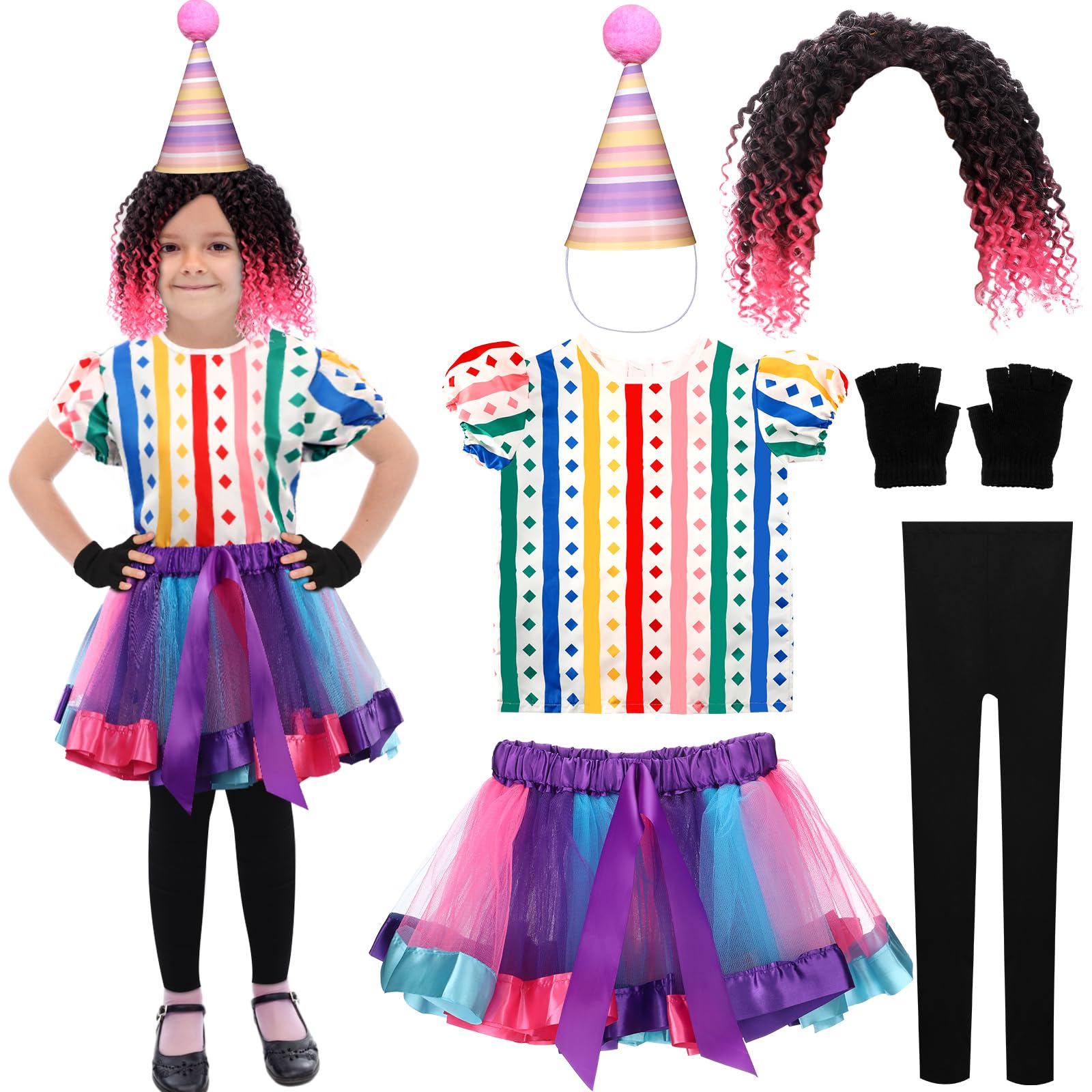 5 Pcs Girls Circus Clown Costume for Girls Twisted Circus Costume Clown Dress Fingerless Gloves Hat Wig Leggings Halloween Cosplay Party Supplies