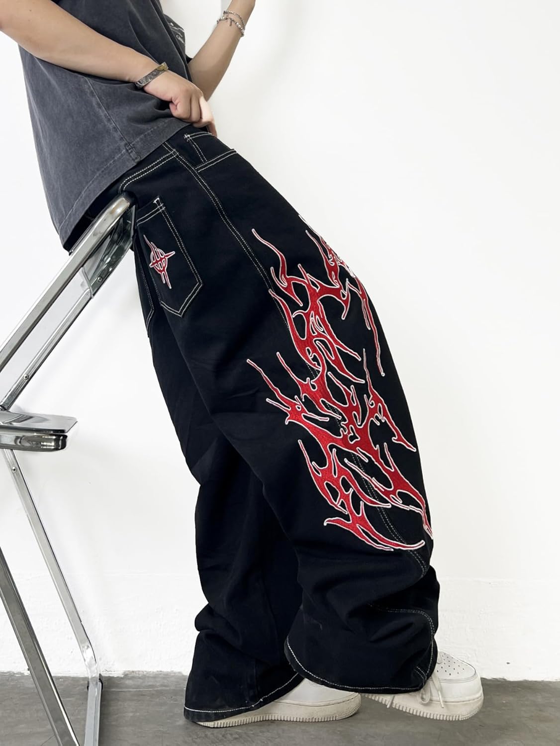 Men's Hip-hop Embroidered Baggy Jeans Loose Fit Denim Black Trousers - Image 3