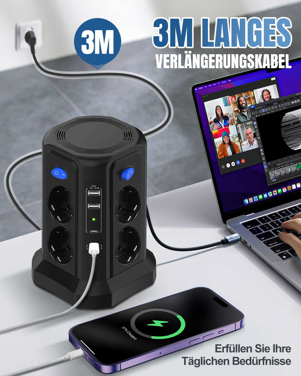 Regleta múltiple 13 en 1 de 3 m con carga magnética, regleta de 8 enchufes con carga rápida USB C de 20 W, 4 conmutación individual y protección contra sobretensiones, para oficina, hogar, juegos