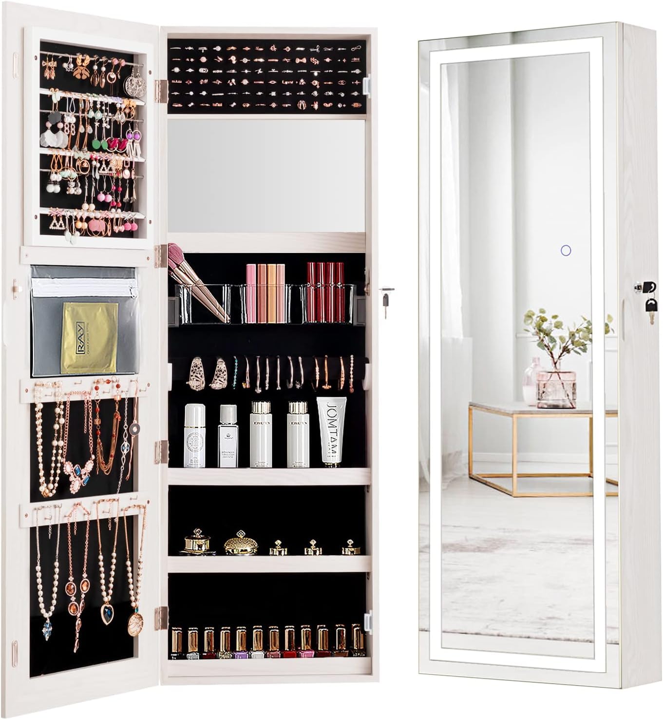 RELAX4LIFE Armario para Joyas de Pared con 2 Espejos y Luz LED Táctil, 40x12,5x120cm (Blanco)