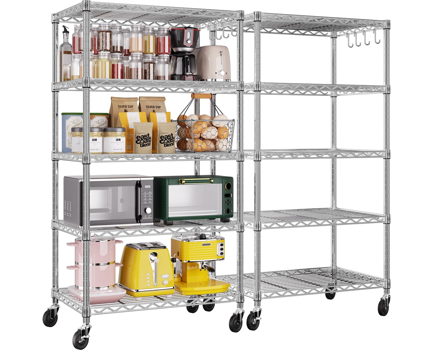 PrimeZone 2 Pack Steel Storage Wire Shelving 5 Tier Metal Shelves with Wheels,Adjustable Kitchen Utility Shelving Unit,Pantry Rack Rolling Metal Shelf