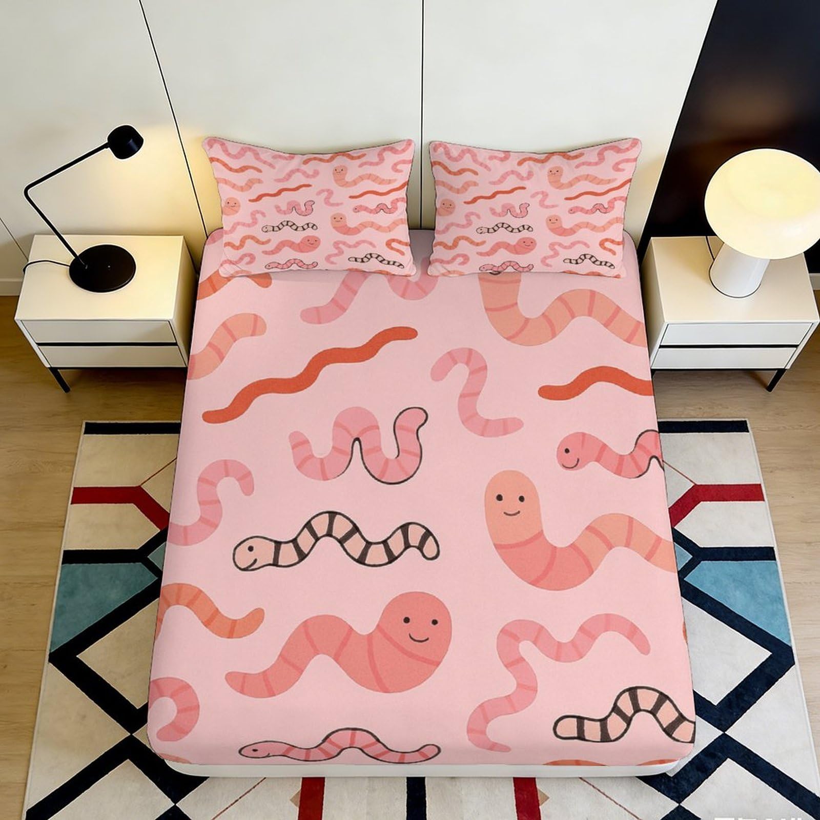 3D Printed Cartoon Worm Fitted Sheet Microfiber Deep Pocket Bedroom Set Cartoon Worm Mattress Fitted Cover for Adults Teens 140x200x25cm