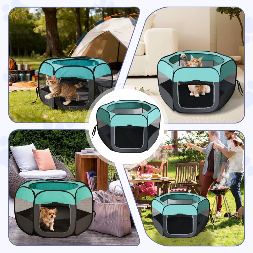 Valla Portátil para Mascotas, 110x110x60 cm Parque Plegable para Mascotas, Parque para Cachorros y Gatos, Productos para Perros Playpen con Cubierta de Red, para Animales Pequeños (Azul Menta)