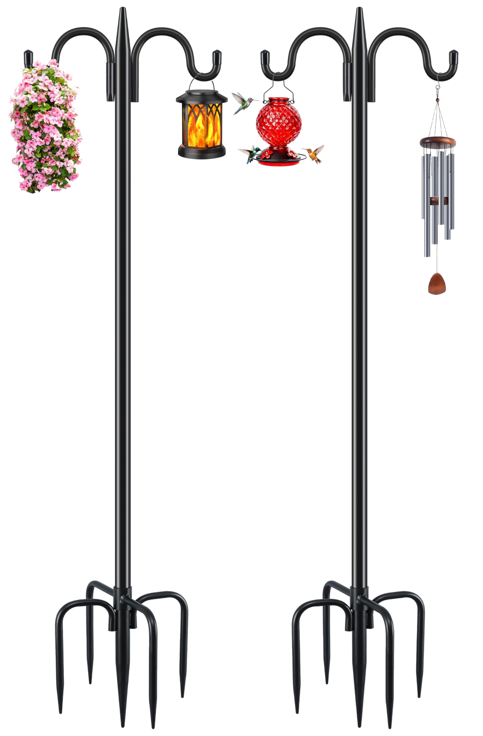 Gtongoko Double Shepherds Hook for Outdoor, 2 Pack 92 Inch Heavy Duty Bird Feeder Pole 3/4 Inch Thick Garden Hooks for Hanging Hummingbird Feeder, Plant Baskets, Solar Light Lanterns
