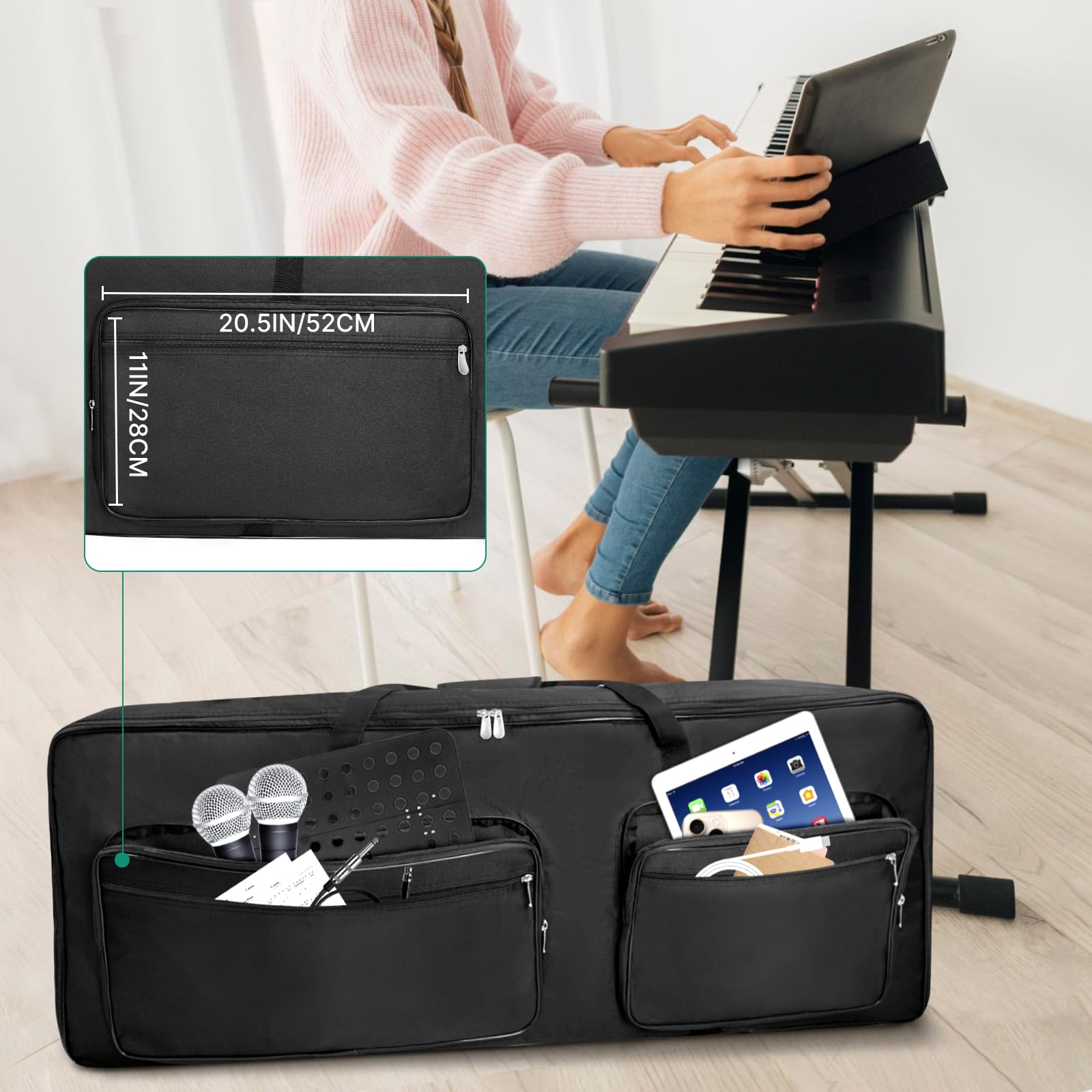 SUNDOY Custodia per tastiera – Gig Bag in robusto tessuto Oxford 600D, imbottitura in schiuma da 8 mm, perfetta per il trasporto di tastiere, accessori musicali e altro ancora (73/76 tasti)