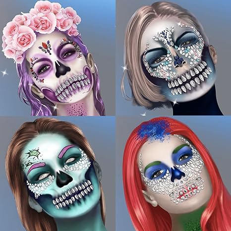 Day of the Death Face Jewels Crystals Face Gems Stick on Halloween Makeup Costume,4-Pack