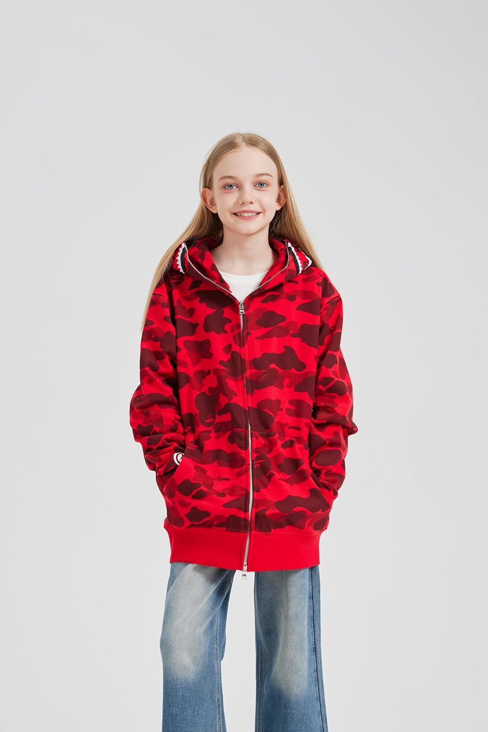 Camouflage shark jacket men's fall and winter cardigan zipper embroidery hooded sweater large size couple models (US, Alpha, 3X-Large, Regular, Regular, Red)