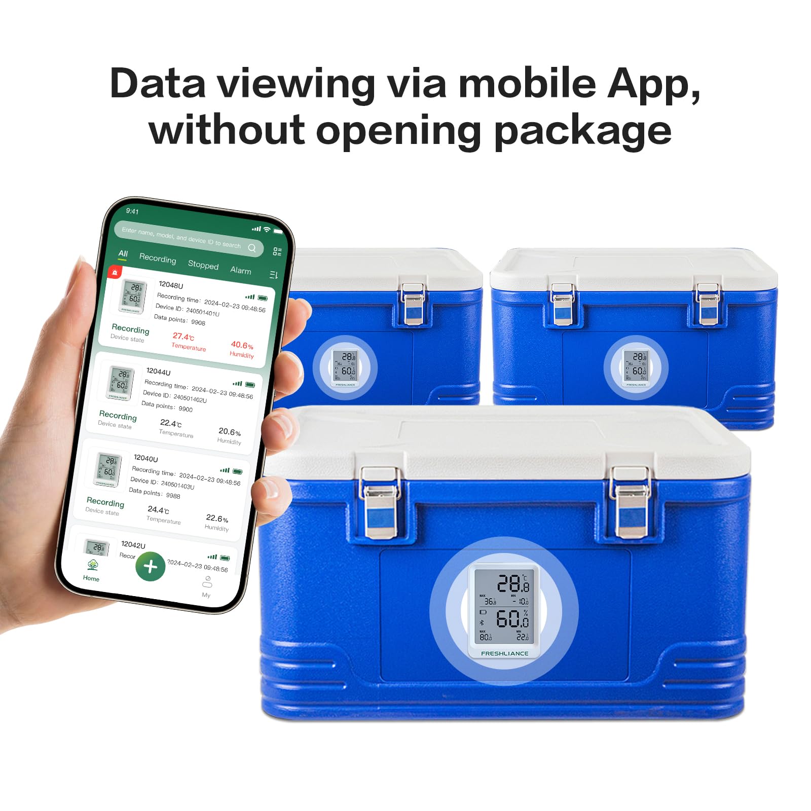 Freshliance - Registrador de datos de temperatura y humedad con Bluetooth, termómetro higrómetro para refrigerador, congelador, higrómetro, sensor digital de temperatura y humedad con análisis de