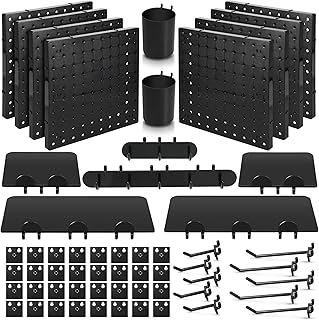 58 Pieces Pegboard Organizer Kits Pegboard Wall Panel Plastic Pegboard Mount Display with Pegboard Accessories Include Storage Boards Buckets and Hooks for Craft Room Garage Kitchen Office (Black)