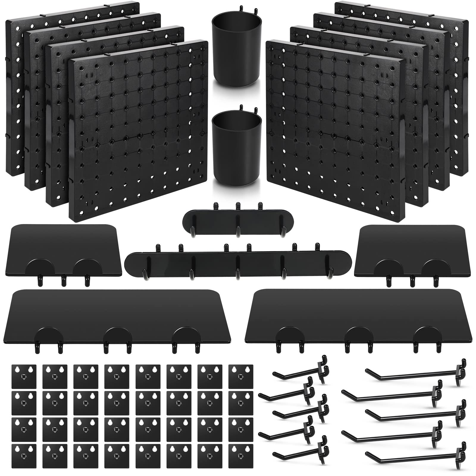 Chunful 58 Pcs Pegboard Organizer Kits Plastic Pegboard Wall Panel Mount Display Accessories Include Storage Boards Buckets and Hooks for Craft Room Garage Kitchen Office(Black)