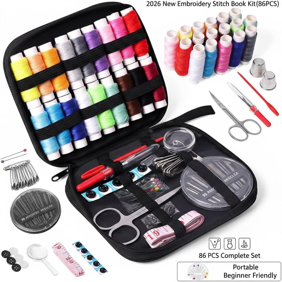 2026 New Embroidery Kit for Beginners with Stitch Book – Easy Hand 86 PCS Embroidery Sewing Kit with 106 Patterns, Step-by-Step Guide, DIY Craft Gift for Adults (1set)