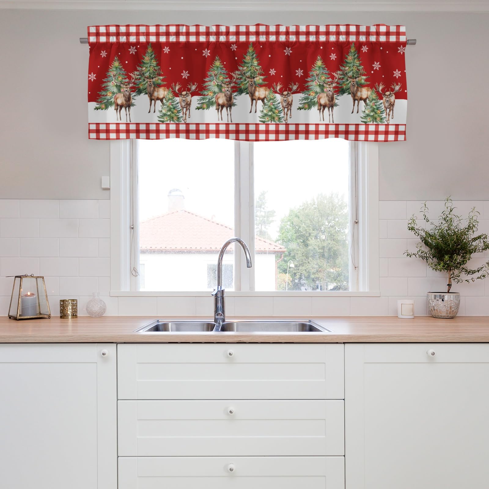 Valance Curtains Christmas Decor,Christmas Deers Christmas Trees Short Curtains Valance for Window,Blackout Kitchen Curtain,Rod Pocket Valance for Window,Curtains for Bedroom Bathroom Living Room