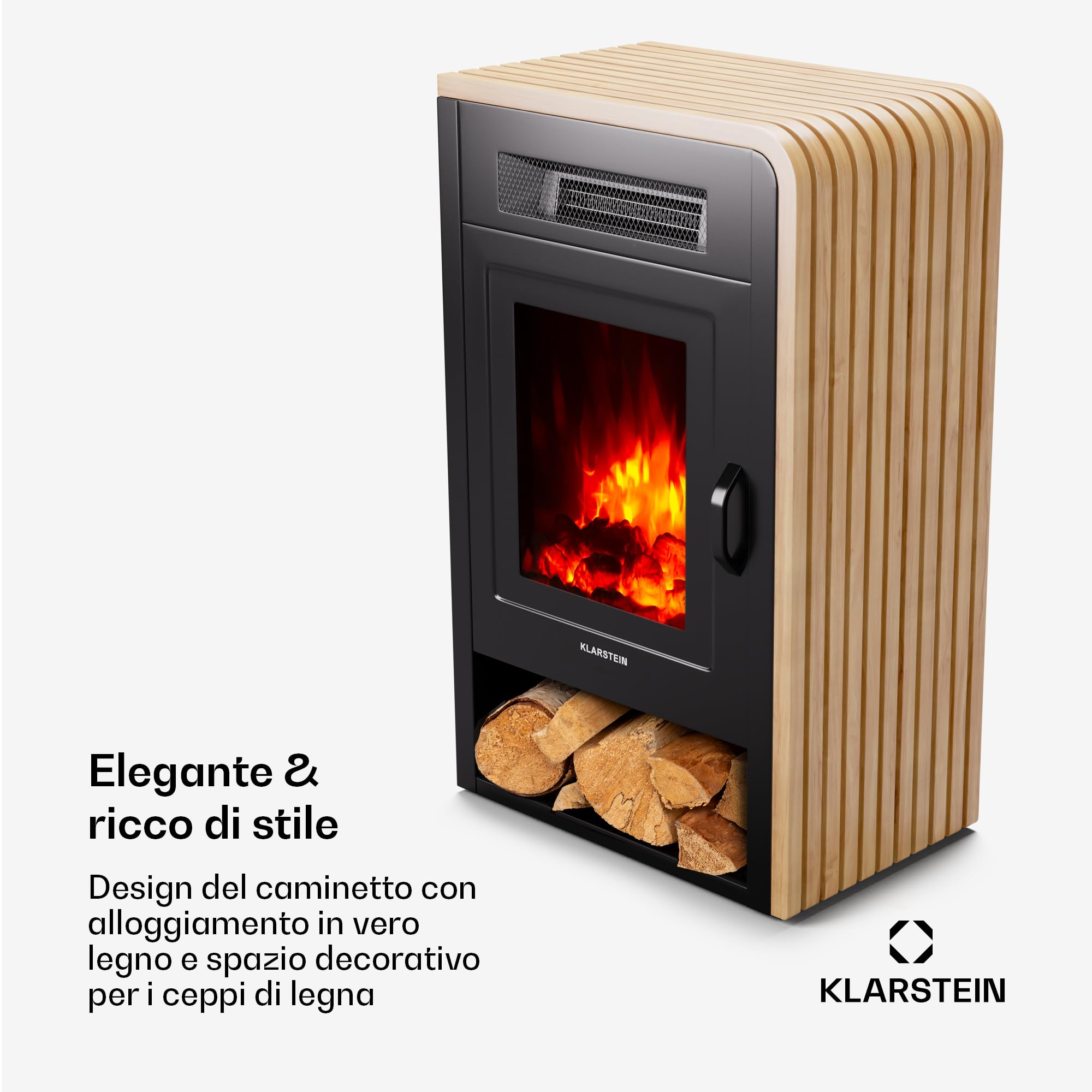 KLARSTEIN Camino Elettrico Basso Consumo, Camino da Terra con Mensola, Elettrico da Parete, Caminetto 1900W, Finto Decorativo con LED, Telecomando, Timer, Controllo Temperatura