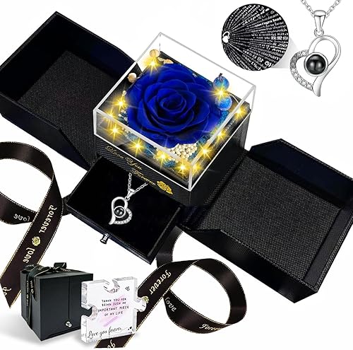 Miniatura 15 de Rosa real preservada, flores eternas, rosa para el día de la madre, para mamá, mujer, esposa, novia, en cumpleaños, San Valentín, con collar "I Love