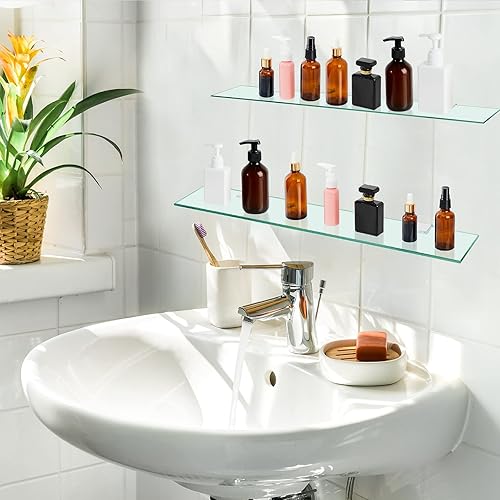 Miniatura 2 de Tatuo Estante de baño de 2 piezas de vidrio templado para baño, acero inoxidable 304, estantes de vidrio flotante (23.6 pulgadas)