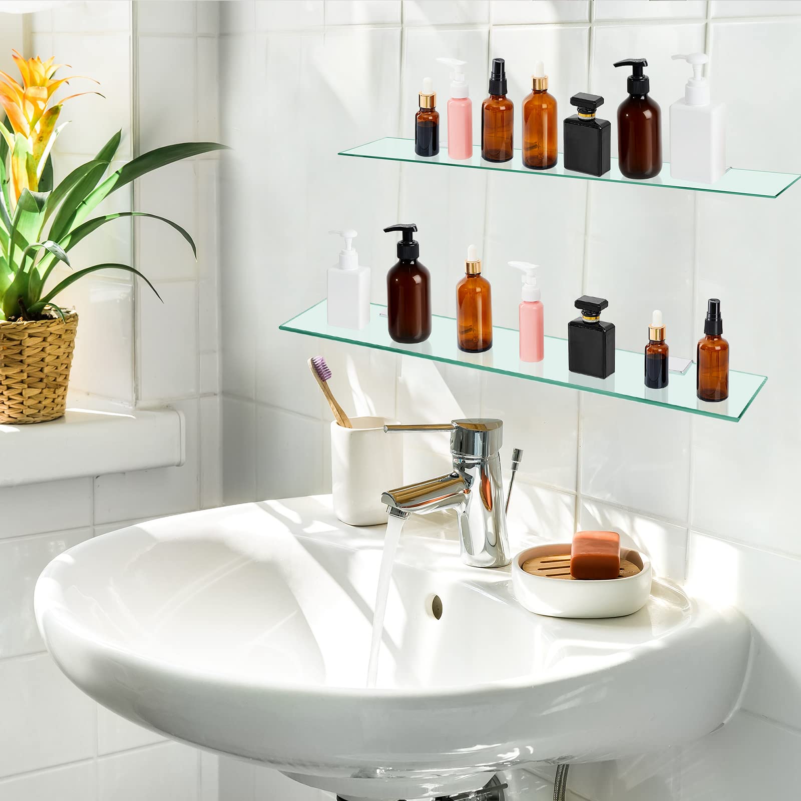 Tatuo 2 mensole da bagno in vetro temperato per bagno, in acciaio inox 304, montaggio a parete, mensole galleggianti in vetro (60 cm)