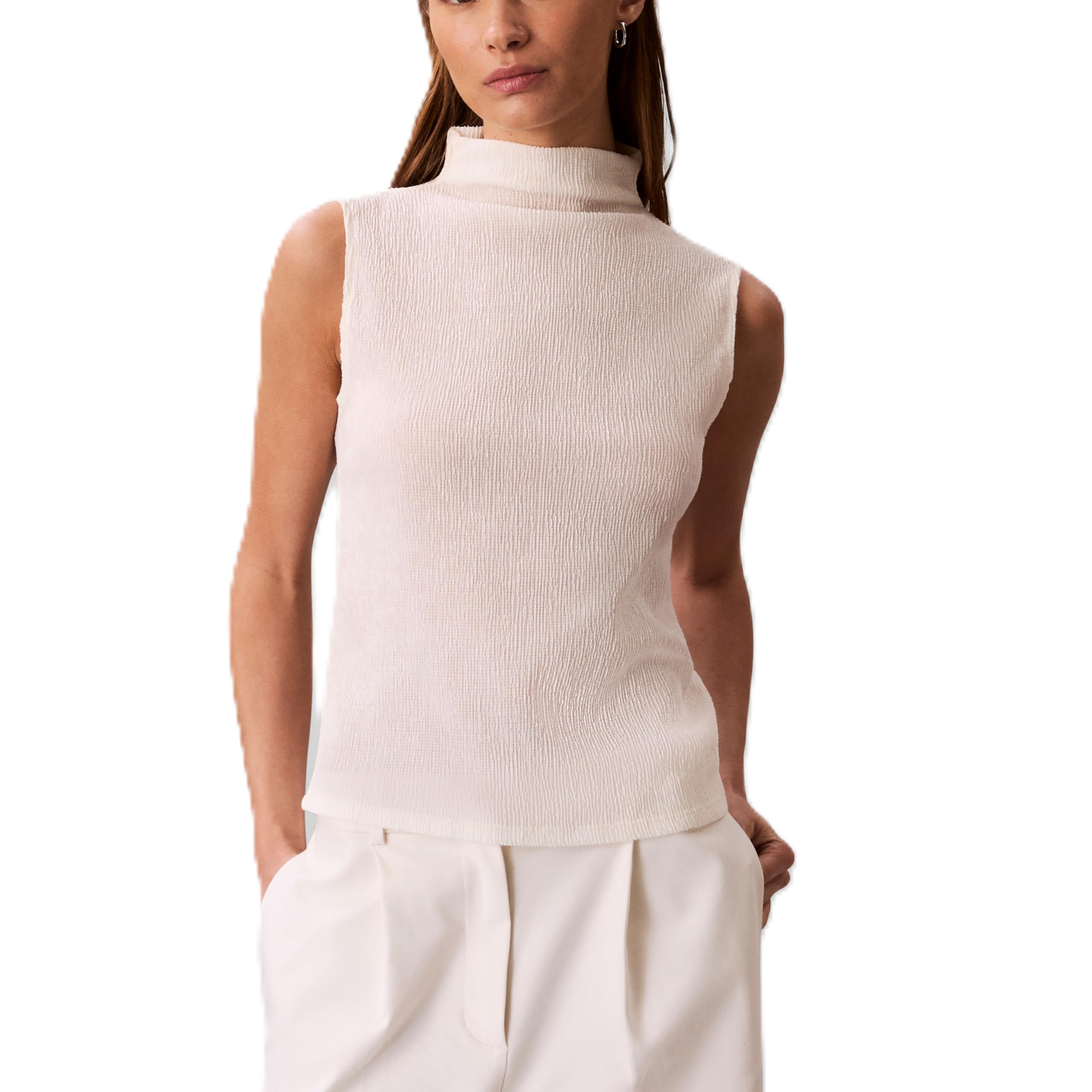 Calvin Klein Ladies Textured Knit Mock Neck Top Antique White X-Large, Antique White, XL