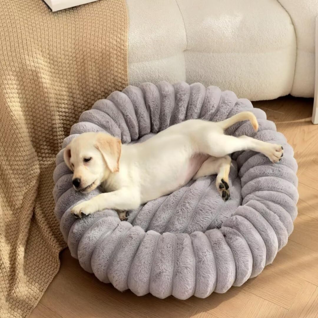 JupiterJX Rabbit Fur Soft Donut Dog Bed, Round Cat Bed Anti Slip Bottom, Fluffy Pet Bed Washable Winter Warm Puppy Beds Sofa Sleeping Cushion For Small Medium Large Dogs (Grey, 50cm)