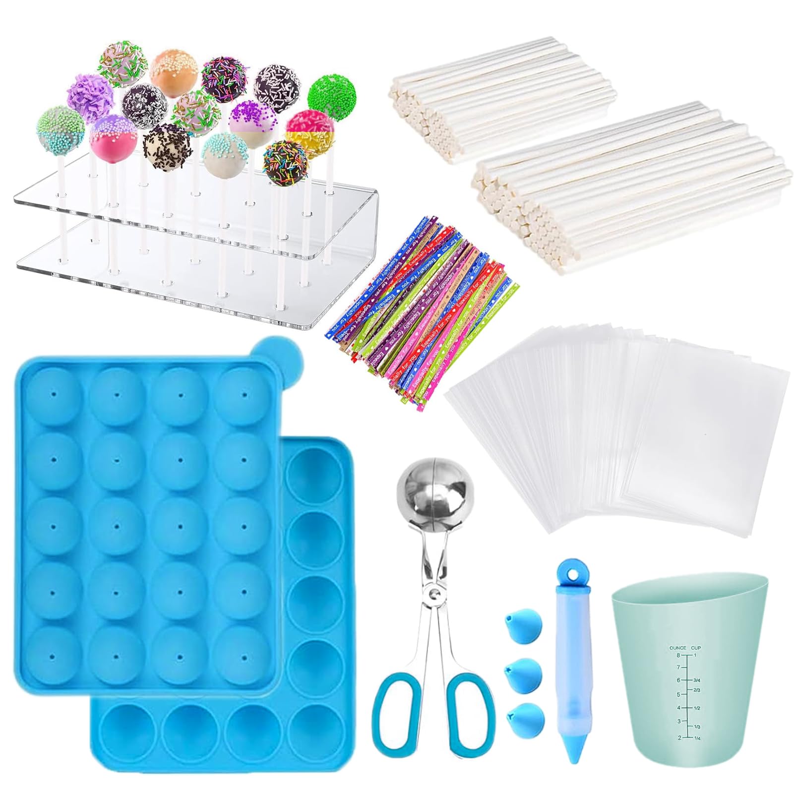 Kit de 606 moldes de silicona para piruletas, incluyendo palitos de piruleta, taza medidora, bolsas de golosinas, lazos giratorios, bolígrafo decorativo, bola de carne con asas, molde redondo,