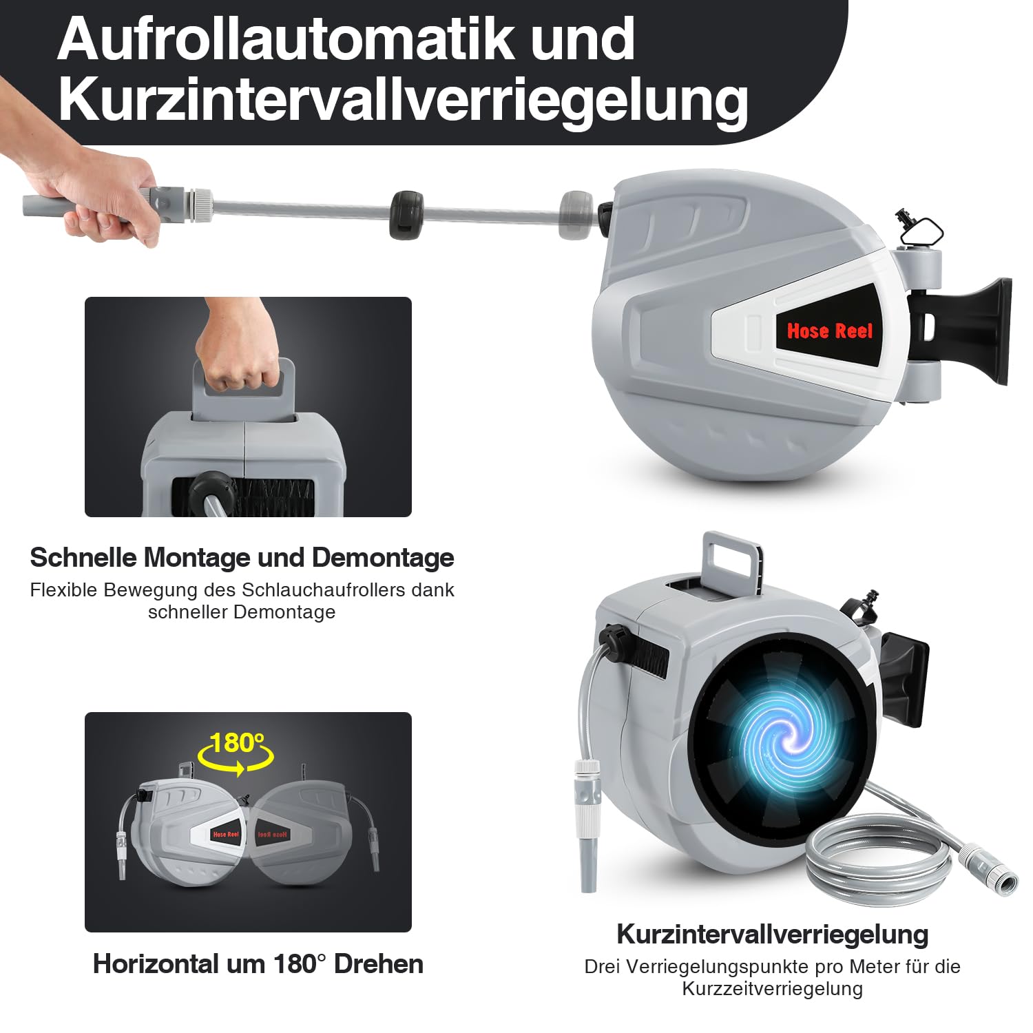 30m Versenkbarer Schlauchtrommel Schloss in beliebiger Länge Wandmontage Schlauchaufroller Wasserschlauch Trommel 180° Schwenkbar Automatische Aufrollung für Gärten