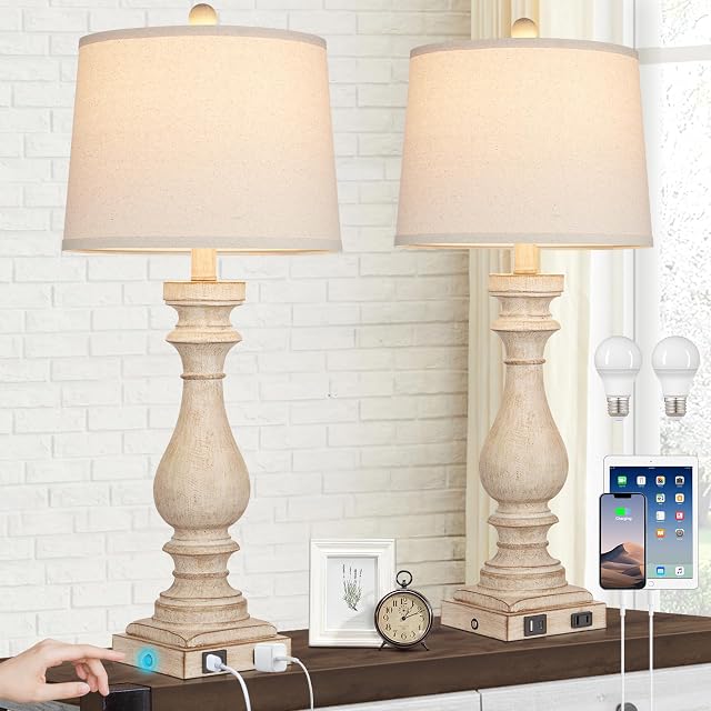 Cinkeda 29" Lampe de table haute pour le salon 2,Lampes de chevet vintage avec USB Ports C+A & AC Déplacement,3-Way Dimmable Touch Control White Laved Finish Lampe de bureau pour chambre, couleur 1