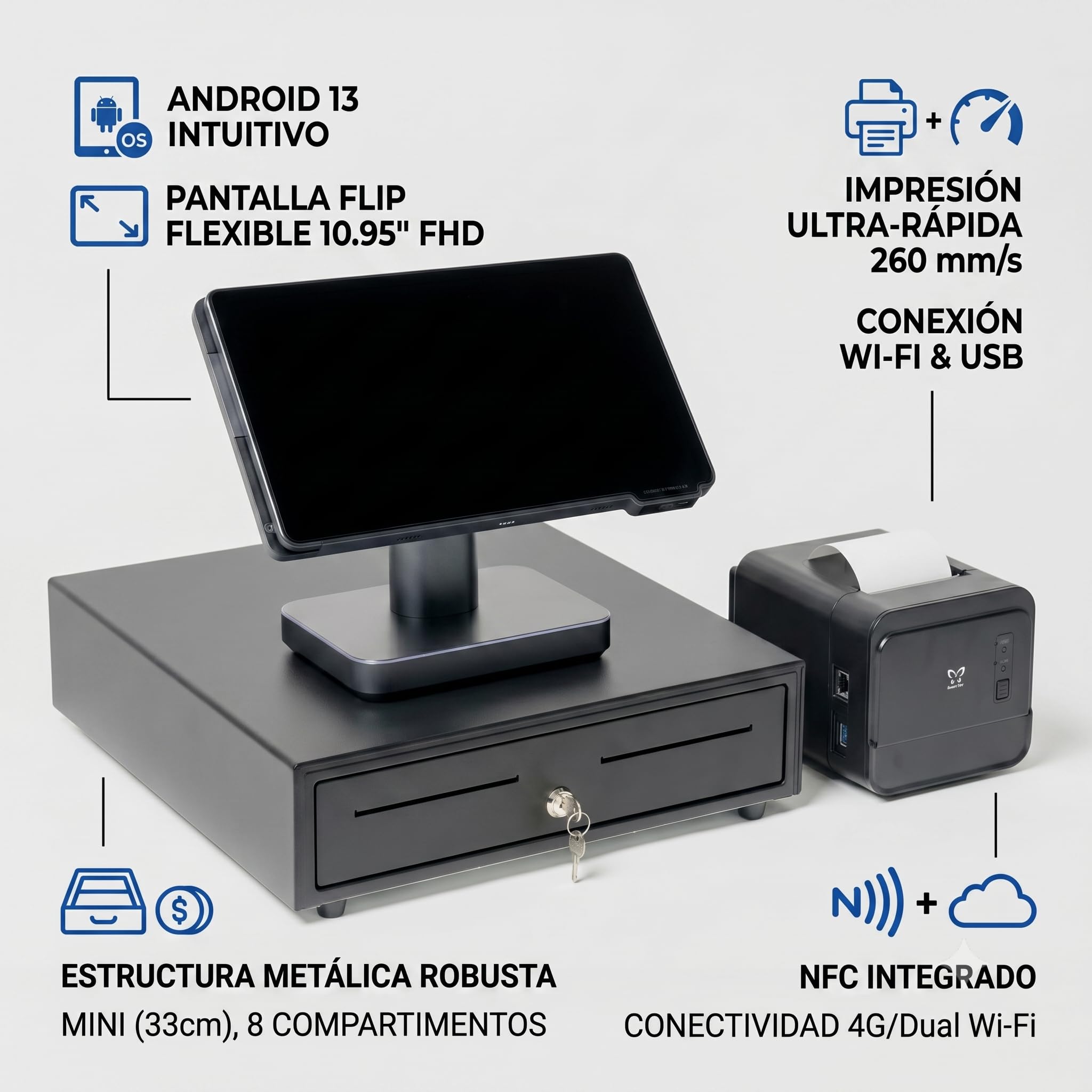 Pack Nova TPV Android 13 de 10.95 Pulgadas Terminal Punto de Venta con Impresora Termica 80 mm Cajon Portamonedas NFC WiFi 4G Negro